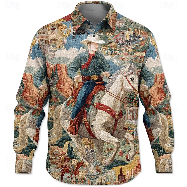 Men's Cowboy Riding Horse Shirt Western Shirt Button Up Shirt Long Sleeve Vintage Retro Outdoor Casual WorkWear Spring Fall Turndown 3D Print Collared Shirts Blue4