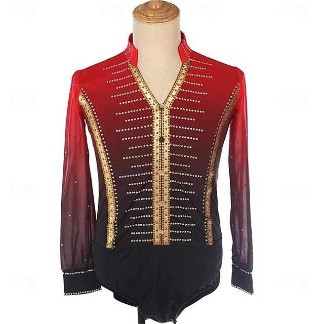 Figure Skating Top Men's Boys' Ice Skating Tops Black+Red Patchwork Spandex High Elasticity Training Competition Skating Wear Classic Crystal / Rhinestone Long Sleeve Ice Skating Figure Skating4