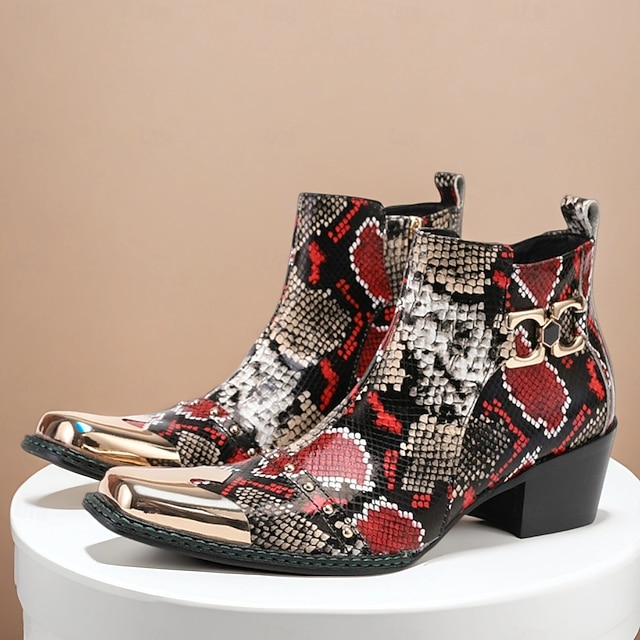 メンズの赤と黒のヘビ柄レザーブーツ - 結婚式、ギャツビーパーティー、イブニングドレスに最適な、メタルキャップ付きのエキゾチックな尖ったつま先アンクルブーツ
