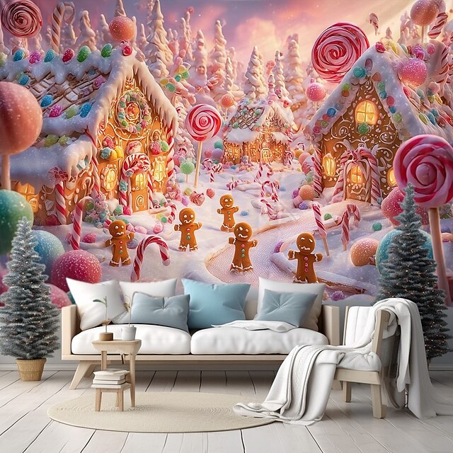Christmas Wall Tapestry Backdrop, Gingerbread House Village with Candy Canes and Snowy Wonderland,2025 Xmas Festive Holiday Wall Hanging for Bedroom Living Room4