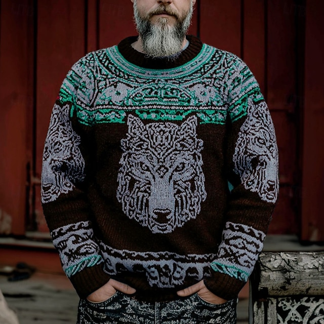  Voor heren Wolf Viking Trui Gebreid Ronde hals Retro vintage Casual Vakantie Dagelijks 3D-afdrukken Gebreid Houd Warm Lange mouw Lente Herfst Winter Meerblauw Rood Bruin
