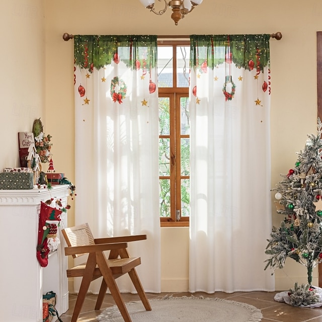  Modern Minimalist Christmas Digital Print Sheer Curtains, Home Decoration, Light-Transmitting Polyester Fabric Drapes