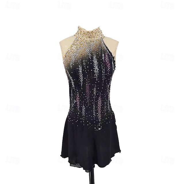 Figure Skating Dress Women's Girls' Ice Skating Dress Black Halo Dyeing Asymmetric Hem Spandex High Elasticity Training Professional Competition Skating Wear Classic Crystal / Rhinestone Sleeveless4
