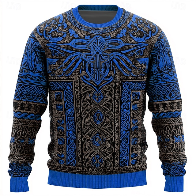  Herre Viking Pullover genser Strikketøy Crewneck Retro / vintage Fritid Feriereise Daglig 3D-utskrift Strikking Hold Varm Langermet Vår Høst Vinter Lilla Blå Brun