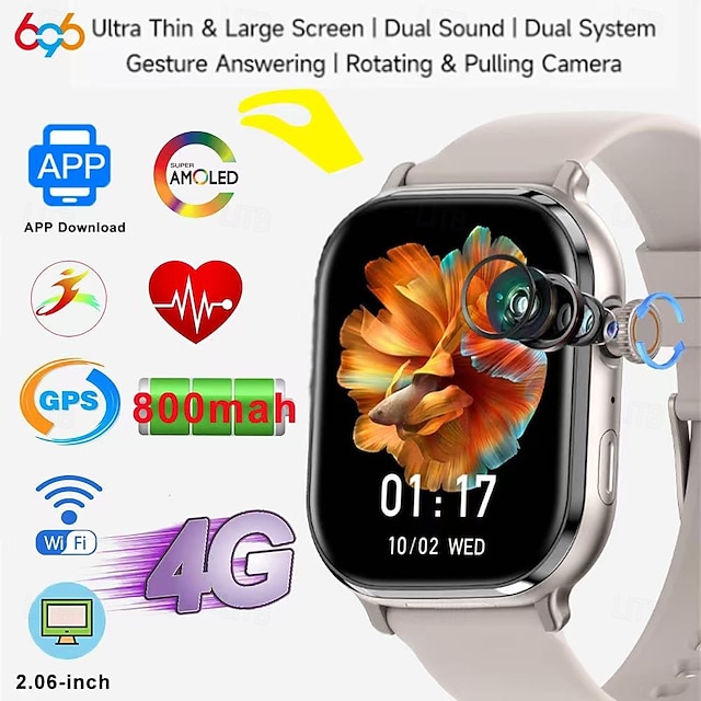  LM29 Montre intelligente 2.06 pouce Smartwatch Montre Connectée Bluetooth 4G Podomètre Rappel d'appel Moniteur d'Activité Compatible avec Android iOS Hommes GPS Longue Veille Appels Mains Libres IP68