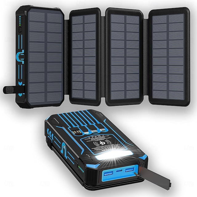  Солнечное зарядное устройство Power Bank-20000 мАч, беспроводное портативное зарядное устройство со встроенными 4 кабелями и 4 солнечными панелями, быстрая зарядка PD QC, аккумулятор USB C с фонариком