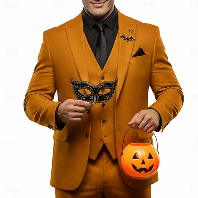 Men's Halloween Party Suits Notch Lapel Orange Solid Colored Tailored Fit 3 Piece2