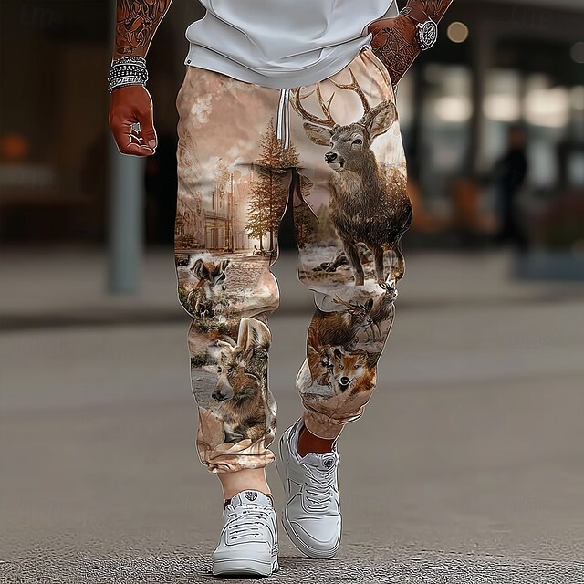 Men's Reindeer Plants Forest Sweatpants Joggers Trousers Mid Waist Drawstring Elastic Waist Casual Vintage Retro Outdoor Camping & Hiking Hunting Athletic Sweatpants with Pockets Spring Fall 3D Print4