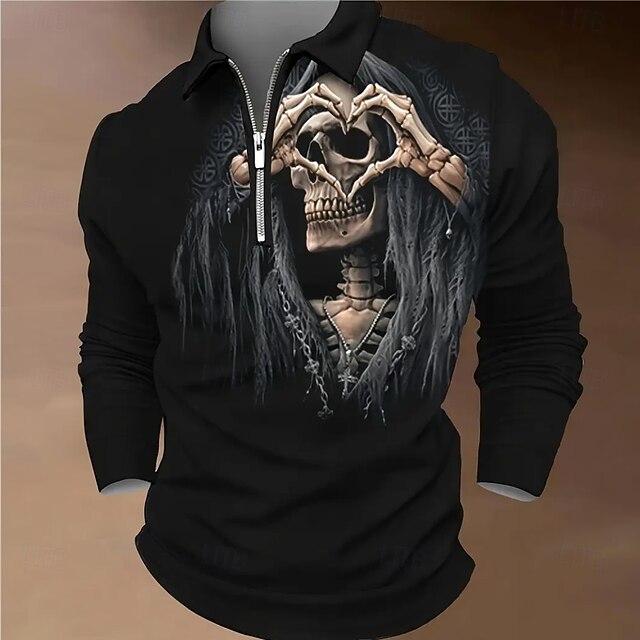 Halloween Men's Skull Polo Long Sleeve Turndown Leisure Athleisure Casual Daily Festival Zipper 3D Print Spring Fall Winter Black4