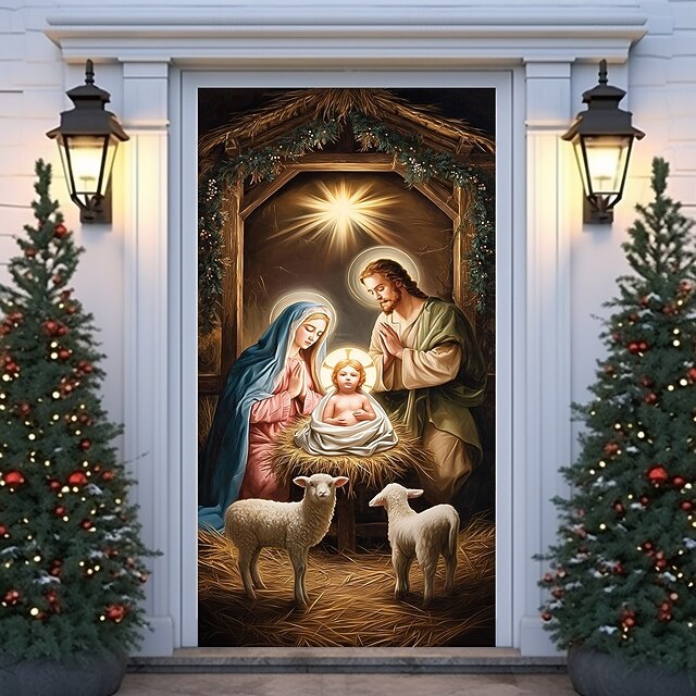 Christmas Door Cover, Nativity Scene Holiday Door Curtain with Baby Jesus, Mary and Joseph, 2025 Xmas Religious Door Hanging for Home Church Party Decor4