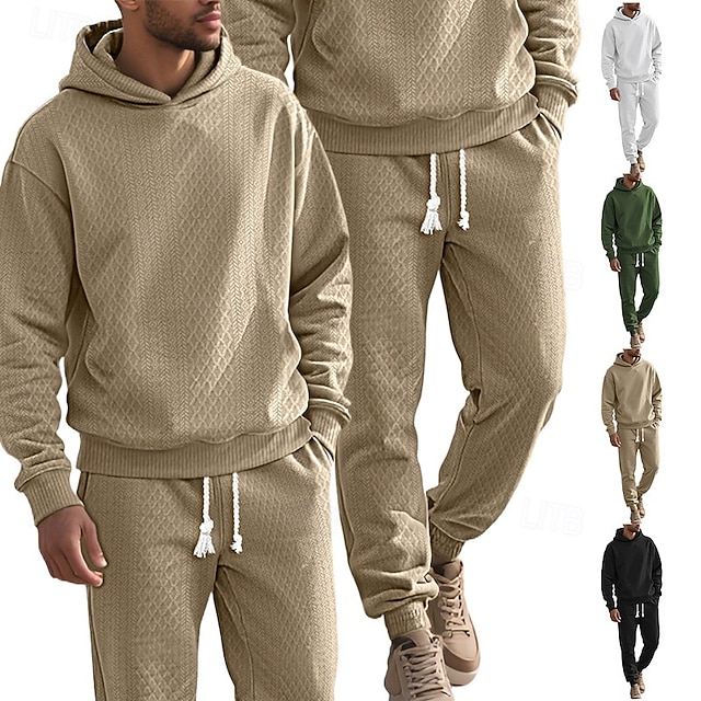  Homme Ensemble Survetement Ensemble de tenues Ensemble de sweats à capuche Sweat à Capuche Extérieur Quotidien Sports Jacquard Cordon de serrage Uni Noir Blanche Kaki Polyester Tenues de Sport Mode