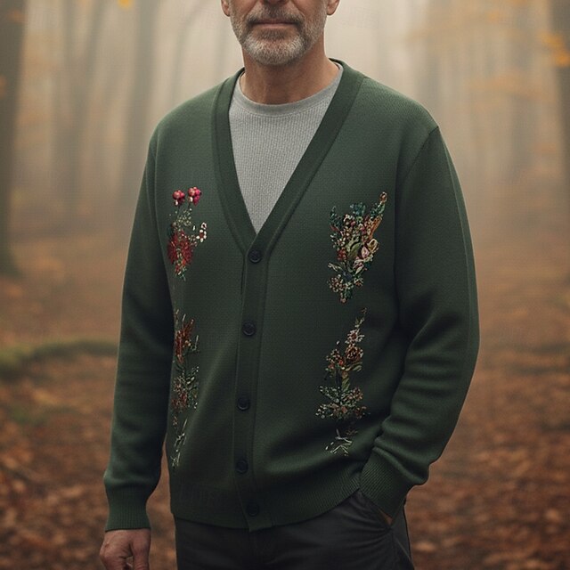 Christmas Men's Floral Botanical Flower / Plants Sweater Cardigan Sweater V Neck Retro Vintage Casual Outdoor Home Party Buckle Long Sleeve Fall Winter Green4