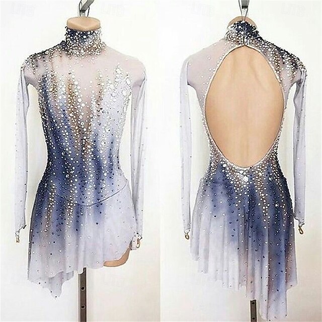 Figure Skating Dress Women's Girls' Ice Skating Dress Blue White Patchwork Open Back Mesh Spandex High Elasticity Training Competition Skating Wear Classic Crystal / Rhinestone Long Sleeve Ice2