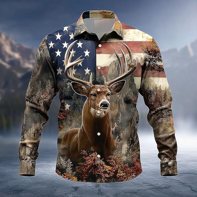 Férfi Rénszarvas Amerikai amerikai zászló Ing Gombos póló Hosszú ujj Vintage Retro Szabadtéri Kempingezés és túrázás Vadászat Tavasz Ősz Térfogatcsökkenés 3D nyomtatás galléros ingek Medence Szürke