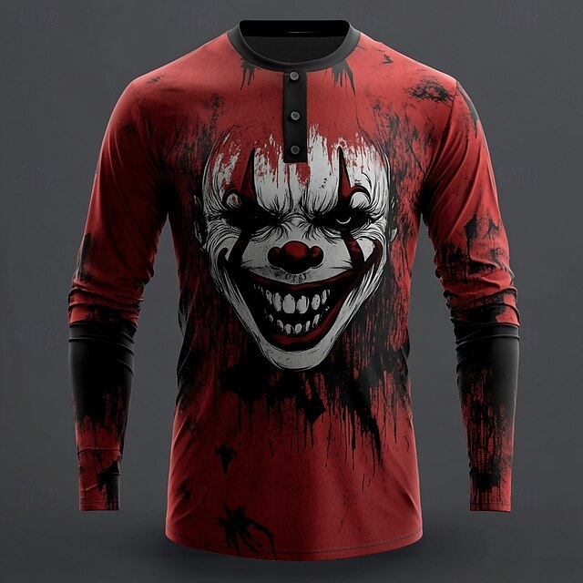 Men's Halloween Clown Henley Shirt Long Sleeve Fashion Cute Daily Casual Holiday Going out Fall Winter Spring &  Fall Red Henley Collar Henley Henley T-Shirt4