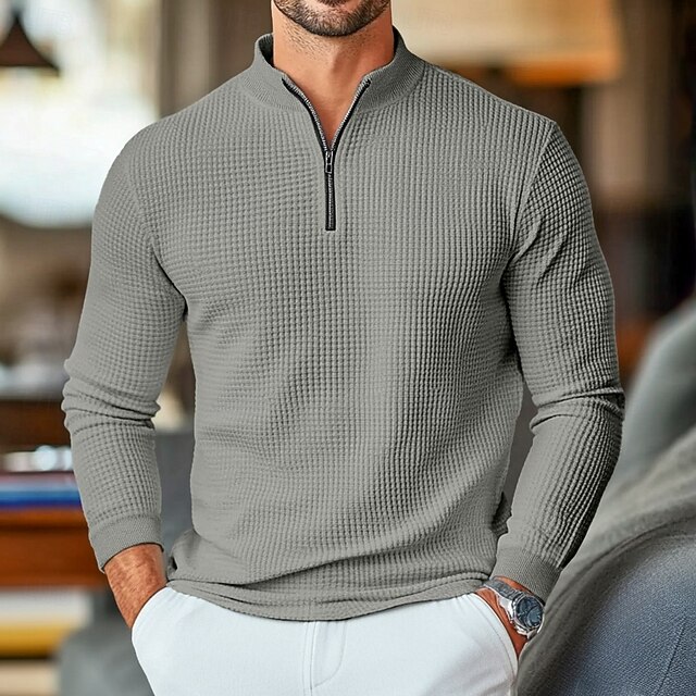 Men's Waffle Polo Shirts Quarter Zip Polo Outdoor Causal Zip Quarter Zip Long Sleeve Fashion Modern Solid Color Textured Knitted Spring &  Fall All Seasons Slim Fit Gray Waffle Polo Shirts4