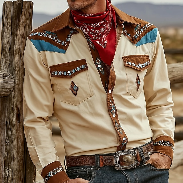 Férfi Paisley Virágminta Etno Ing Nyugati ing Cowboy ing Hosszú ujj Vintage Retro Szabadtéri Napi Munkaruha Ősz & tél Térfogatcsökkenés 3D nyomtatás Elöl két zseb Gombolható ingek Medence Barna