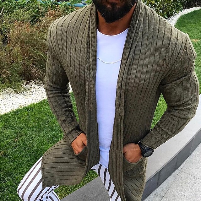 Men's Sweater Cardigan Sweater Ribbed Knit Regular Tops Knitted Plain Collarless Vacation Fashion Casual Daily Wear Clothing Apparel Fall Winter Military Green S M L4
