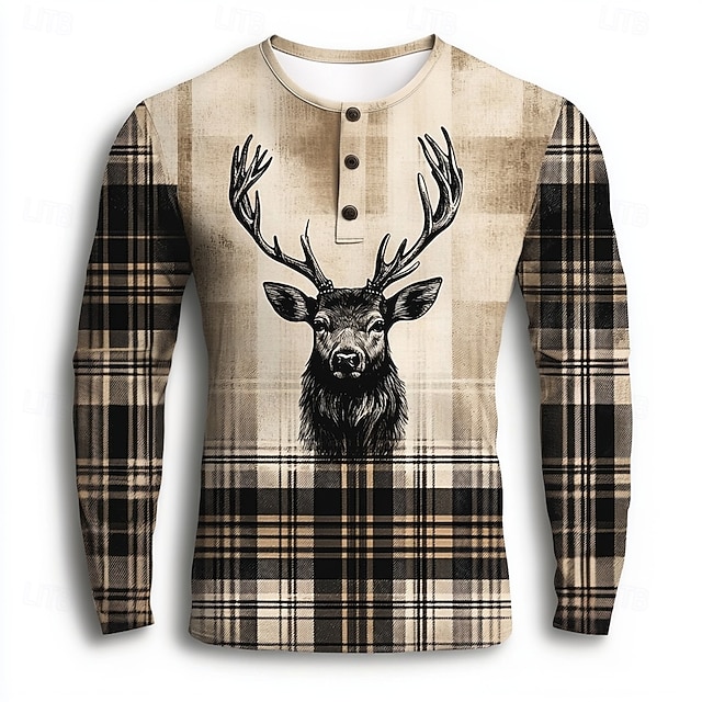  Pánské Pléd Sob Tričko Henley Dlouhý rukáv Módní Roztomilý Denní Ležérní Dovolená Jdeme ven Podzim Jaro & podzim Khaki Henley Tričko Henley