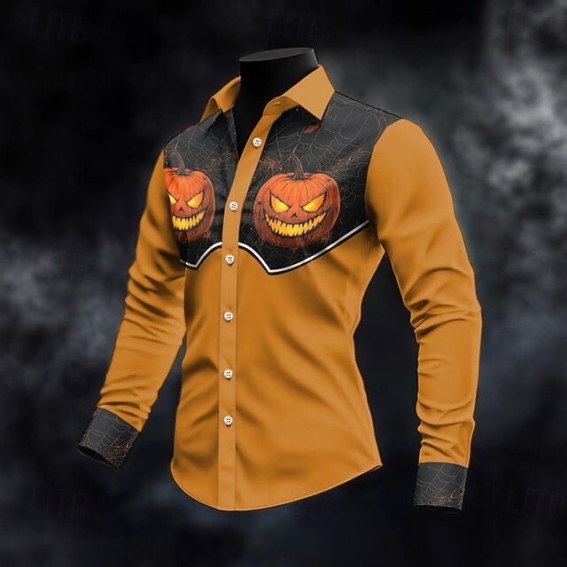 Halloween Men's Lantern Face Shirt Summer Shirt Beach Shirt Long Sleeve Casual Horror Dark Vacation Street Holiday Spring &  Fall Lapel Print Orange Green3