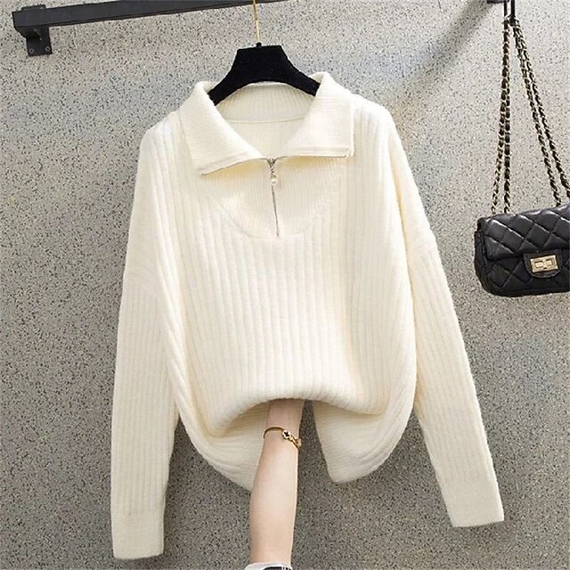 Women's Sweater Fashion Basic Casual Pure Color Ribbed Half Zip Zipper Knitted Long Sleeve Regular Tops Knit Outdoor Daily Weekend Beige Fall Winter4