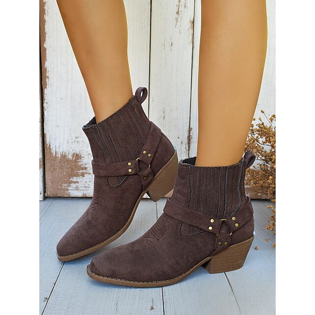  stivaletti da donna in finta pelle scamosciata color cachi con cinturino e fibbia, stivaletti bassi con tacco a blocco in stile western per abbigliamento casual