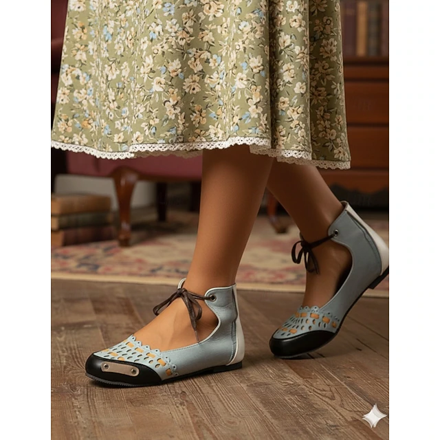 Women's Vintage Lace-Up Flat Shoes – Retro Hollow-Out Suede Casual Ballet Flats for Daily Wear 9