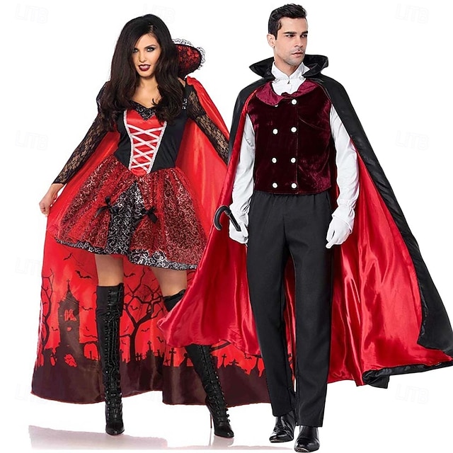  Vampir Dracula Halloween Ausgefallene Kostüme Halloween-Gruppen-Paarkostüme Die Frauen in Schwarz Horror Gruseliges Kostüm Erwachsene Paar Herren Damen Halloween Karneval Leistung Party Maskerade