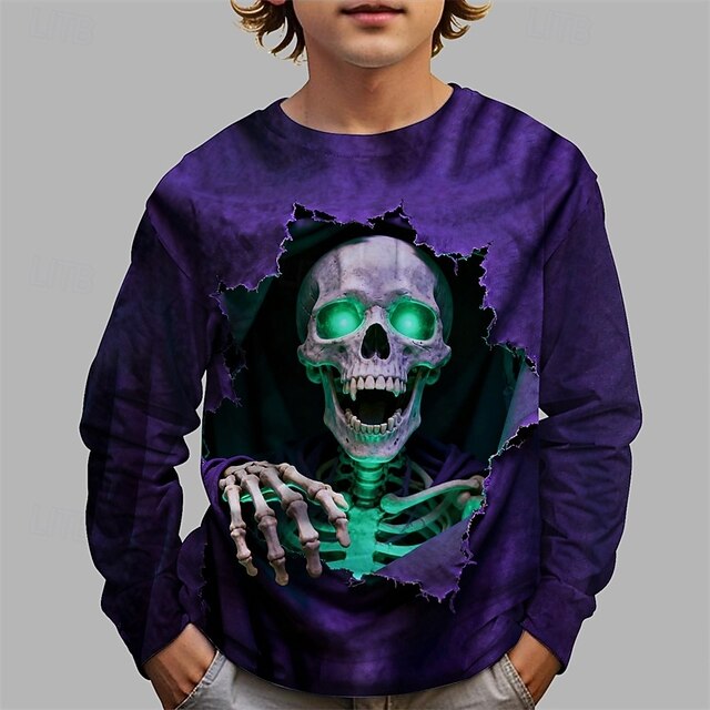 Boys' 3D Skull T shirt Tee Long Sleeve Spring Fall Fashion Basic Kids 4-12 Years Crew Neck Outdoor Casual Daily Regular Fit4