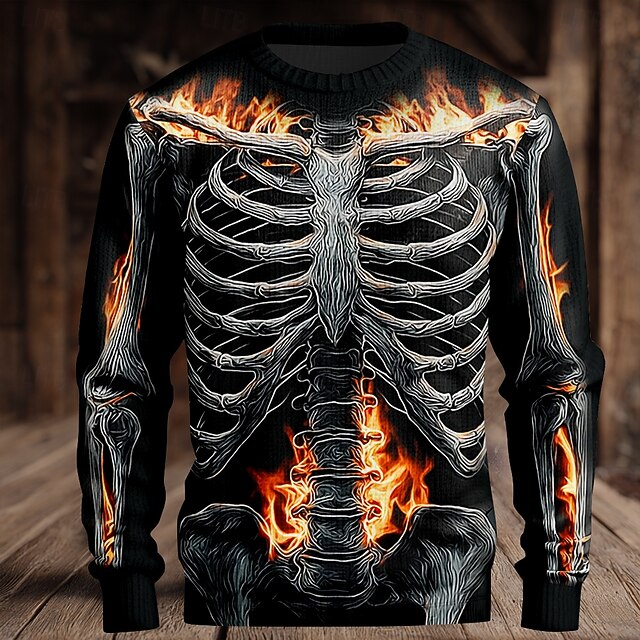 Halloween Men's Skeleton Pullover Sweater Jumper Knitwear Crewneck Casual Vacation Daily 3D Print Keep Warm Long Sleeve Spring Fall Winter Black4