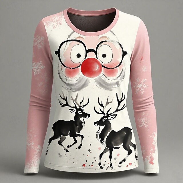 Christmas Women's T Shirt Graphic Santa Claus Reindeer Fashion Casual Long Sleeve Crew Neck Regular Tops Daily Weekend Print White Pink Red Summer Spring Fall4