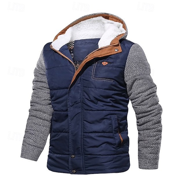  Men's Winter Jacket Fleece Jacket Casual Jacket Vacation Daily Thermal Warm Pocket Fleece Fall Winter Color Block Fashion Streetwear Hooded Regular Black Blue Jacket