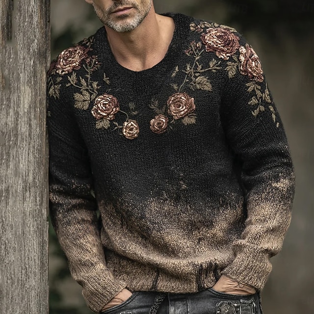 Men's Pullover Sweater Jumper Knit Sweater Ribbed Knit Regular Tops Knitted Print Floral Print Crew Neck Vintage Country Vacation Daily Wear Clothing Apparel Fall Winter Brown S M L3