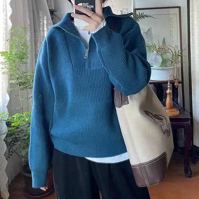 Women's Sweater Fashion Streetwear Casual Solid Color Ribbed Half Zip Knitted Long Sleeve Regular Tops Knit Outdoor Daily Weekend Blue Fall Winter4