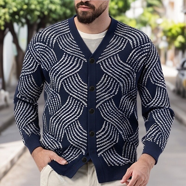  Per uomo Geometrico Maglione Fair Isle Cardigan Scollo a V Casual Scuola Vacanza Quotidiano Stampa 3D Lavoro a maglia Tenere al caldo Manica Lunga Primavera Autunno Inverno Nero Blu