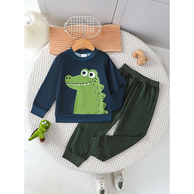  2 darab Kisgyermek Fiú Póló és nadrágok Felszerelés Dinoszaurus Hosszú ujj Crewneck Készlet Iskola Divat Napi Ősz Tél 4-7 év Katonai zöld