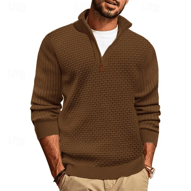 Men's Pullover Sweater Jumper Quarter Zip Sweaters Knit Sweater Ribbed Knit Regular Tops Knitted Plain Half Zip Fashion Casual Vacation Daily Wear Clothing Apparel Fall Winter Camel Black S M L4