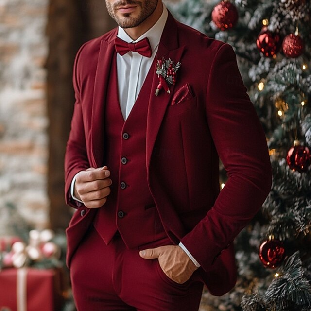 Men's Party Casual Party Suits Peaked Lapel Burgundy Christmas Daily Solid Colored Tailored Fit 3 Piece Single Breasted Two-buttons4