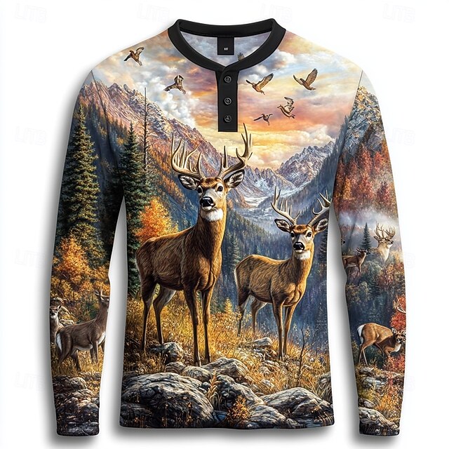 Men's Animal Deer Henley Shirt Long Sleeve Fashion Cute Daily Casual Holiday Going out Fall Spring &  Fall Black Henley Henley T-Shirt4