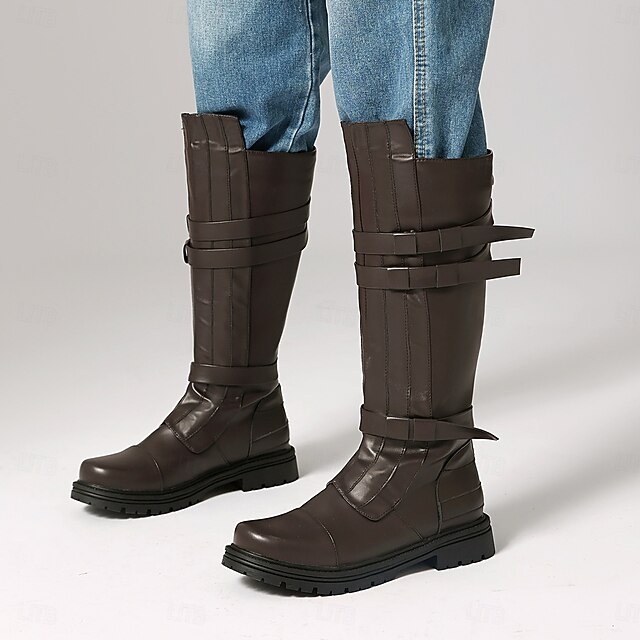 Men's Brown Strapped Knee-High Boots – Rugged Style with Bold Straps ...