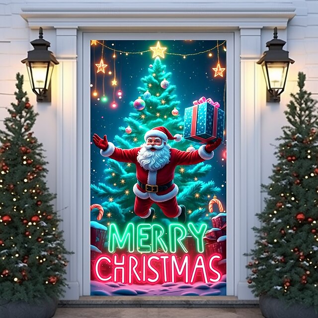 Christmas Door Cover Merry Christmas Holiday Decoration Drapes with Santa Claus and Christmas Gift Boxes Print for Home Entryway Living Room Bedroom Indoor Outdoor Festive Seasonal Decor3