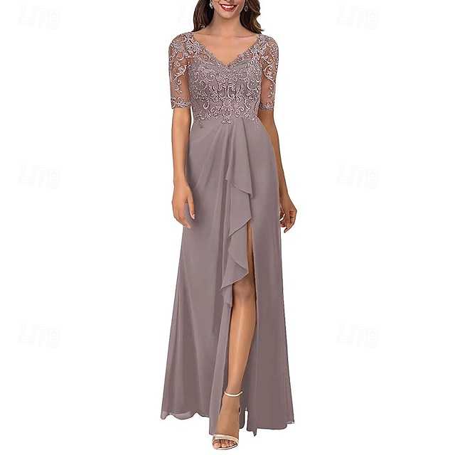 A-Linien Kleid Mutter der Braut Elegantes Einfaches V-Ausschnitt Asymmetrisch Chiffon Kurzarm mit Falten