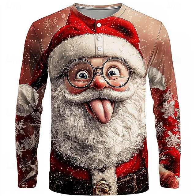 Men's Christmas Santa Claus Cute Henley Shirt Long Sleeve Fashion Cute Daily Casual Holiday Going out Winter Spring &  Fall Red Henley Henley T-Shirt4