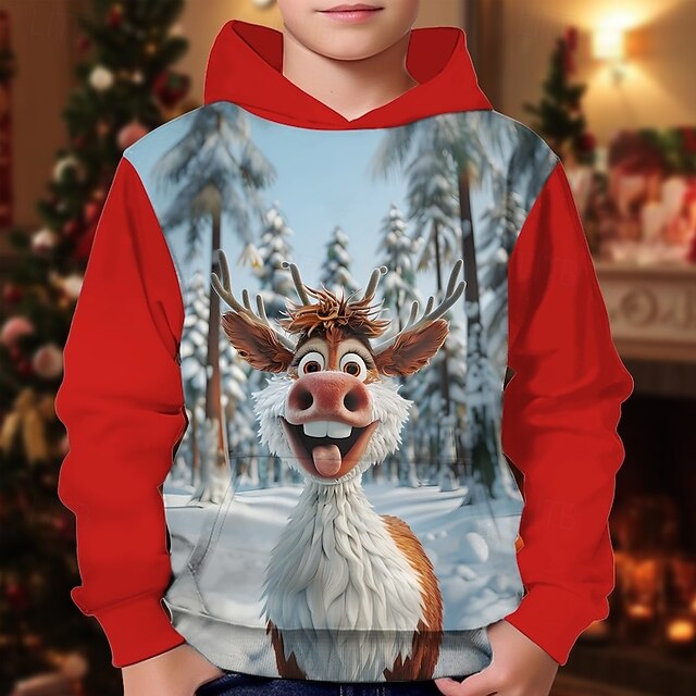 Christmas Boys' 3D Graphic Elk Hoodie Long Sleeve Spring Fall Fashion Streetwear Kids 4-12 Years Hooded Outdoor Casual Daily Regular Fit4