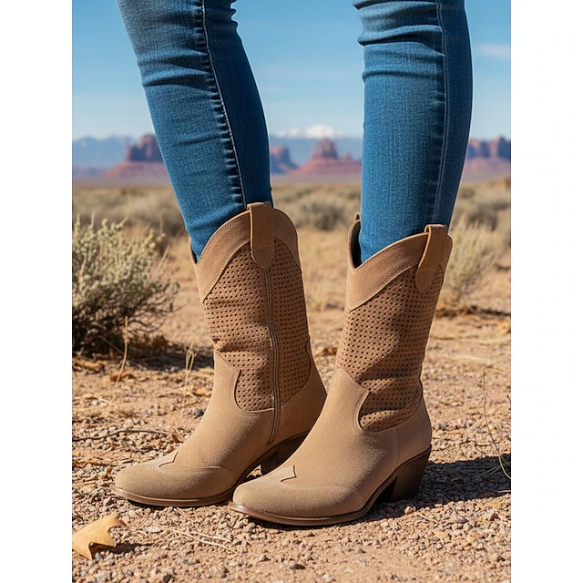 "Women's Beige Western - Style Perforated Ankle Boots with Chunky Heel 12