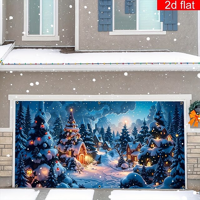 Christmas Snow Scene Garage Door Cover Photograph Backdrop, Holiday Wall Hanging Decorative Background for Home, Living Room, or Party4