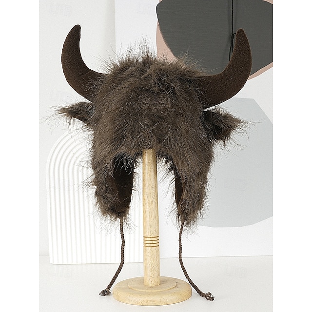 Unisex Halloween Plush Horn Hat – Furry Viking Bull Costume Cap