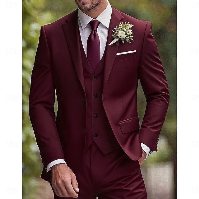 Men's Wedding Wedding Suits Notch Lapel Burgundy Formal Solid Colored Slim Fit 3 Piece4