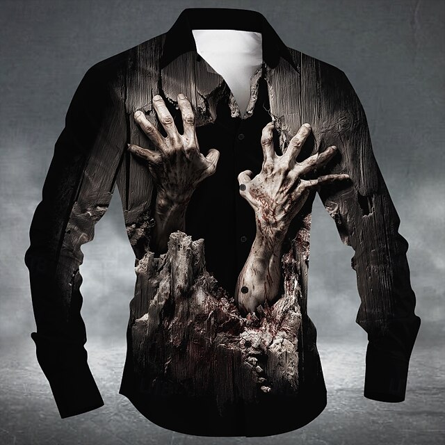 Halloween Men's Zombies Hand Horror Shirt Button Up Shirt Long Sleeve Dark Punk Gothic Style Outdoor Holiday Summer Spring Turndown 3D Print Collared Shirts Black4
