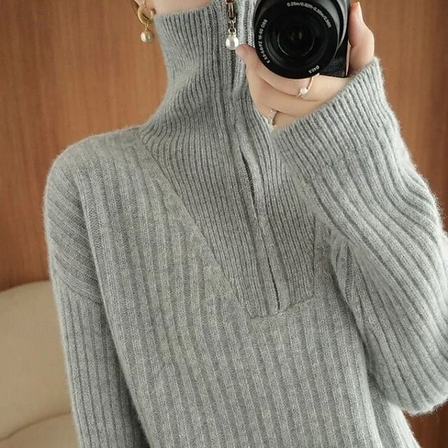 Women's Sweater Fashion Basic Casual Pure Color Ribbed Half Zip Zipper Knitted Long Sleeve Regular Tops Knit Outdoor Daily Weekend Gray Fall Winter4